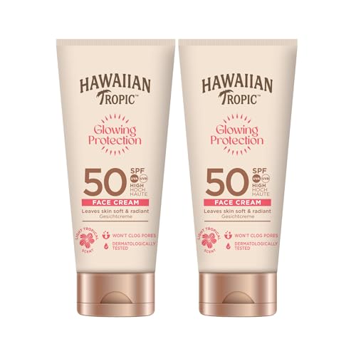 Hawaiian Tropic Glowing Protection Sonnencreme für das Gesicht, wasserfest, mit LSF 50 UVA + UVB Schutz, mit Sheabutter, 50 ml (2 Stück + Lip Balm)