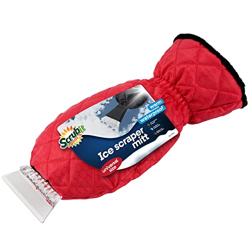 SCRUBIT Ice Scraper with Glove - Car Windshield Scraper for Ice and Snow w/Fleece Mitt - Quickly Scrape and Remove Snow While Staying Warm - Waterproof & Windproof - Car Scraper Snow Brush (Red)