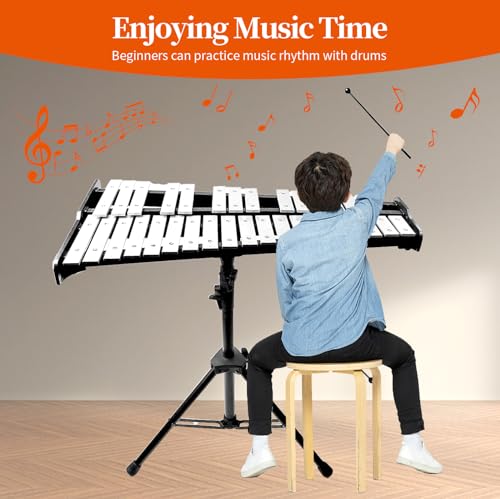 Image of 32 Note Glockenspiel Xylophone Bell Kit, Percussion Instruments for Music Teaching with Adjustable Stand, Mallets and Carrying Bag, Professional Xylophone Bell for Adults & Students(black)