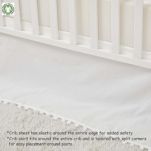 Image of Brandream Gender Neutral Boho Bohemian Baby Girl Boy Nursery Crib Bedding Set 3 Pieces Solid White Farmhouse Chic Unisex Minimalist Tassel Pom Pom Macrame Cozy 100% Washed Cotton