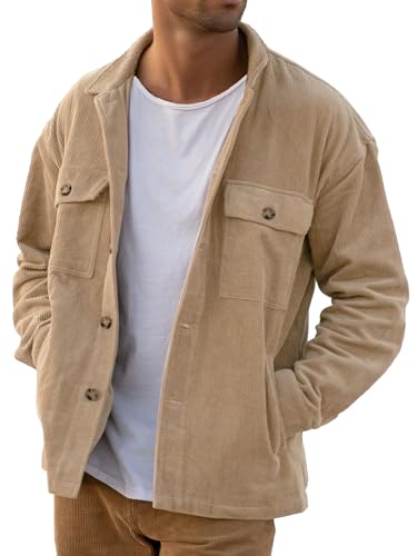 PLEPAN Men's Corduroy Shacket Button Down Long Sleeve Casual Work Shirts Jacket with Pockets Khaki Large