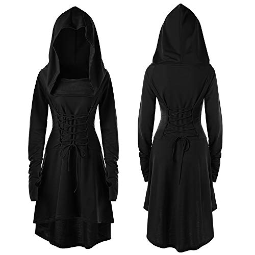 Generisch Halloween Kostüm Frauen, Gothic Kleid Damen, Halloween Kostüm, Renaissance Mittelalter Kleidung mit Kapuze für Karneval,Schwarz