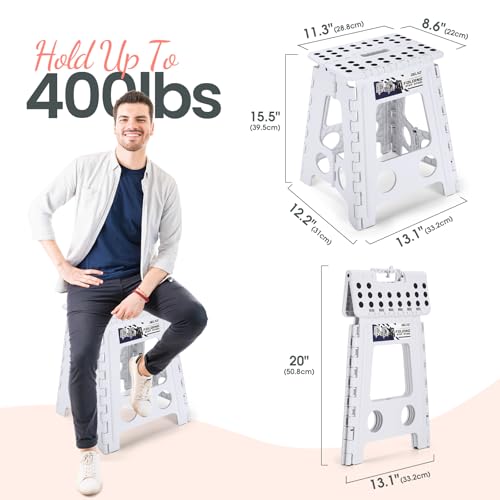 Image of Delxo 16 Inch Folding Step Stool, White Step Stools for Kids Foldable,Portable Collapsible Step Stool with Handle, Folding Stool for Kitchen Bathroom,Bedroom,Garden