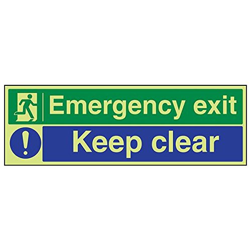 VSafety - Señal de emergencia con texto en inglés "Emergency Exit/Keep Clear", paisaje (3 unidades), 600mm x 200mm, 3