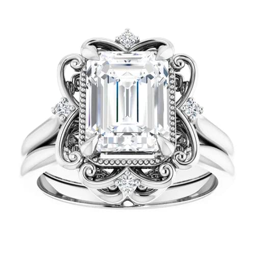 2 CT Emerald Cut VVS1 Colorless Moissanite Engagement Ring Set, Wedding/Bridal Ring Set, Sterling Silver Vintage Antique Anniversary Promise Ring Set Gift for Her2