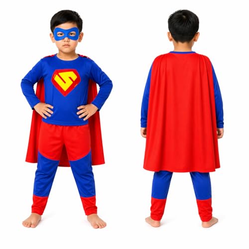 Image of Raj Costume Boys Superhero Costume Set with Mask | Blue Red Full Sleeve T-Shirt & Track Pants | Kids Fancy Dress for Birthday Party, School Function|Stretchable Comfortable