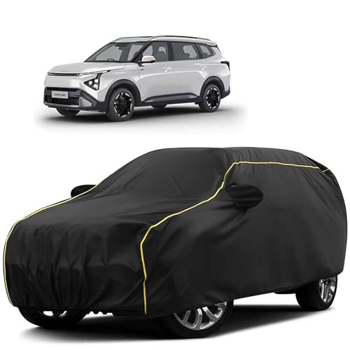 Image of Sulfar 100% Water Resistant Car Body Cover Compatible with Mirror for Kia Carens Clavis (Triple Stitched, Full Bottom Elastic, Black Tafetta with Yellow Piping)