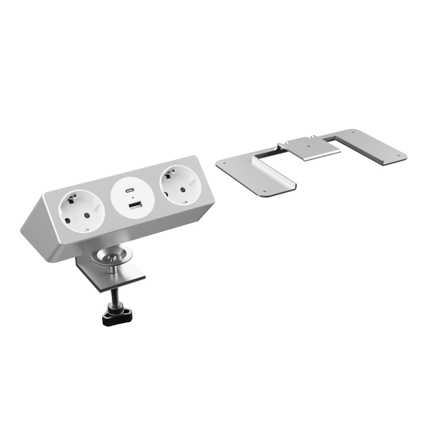 Kalb | Nexura wielofunkcyjne gniazdko elektryczne, 2 x 230 V AC, USB A/C 30 W, elastyczny montaż za pomocą zacisku C lub płyty montażowej, kabel 2 m, Plug & Play, do mieszkania, biura i mebli,