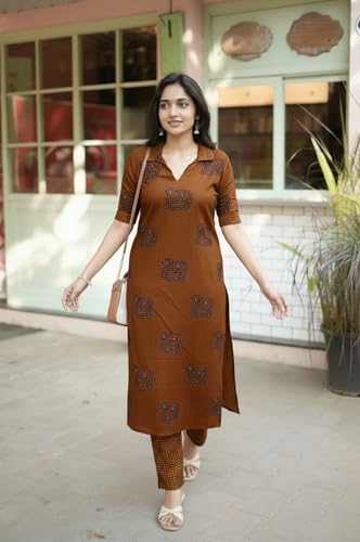 Image of ANNI Designer Women's Rayon Viscose Printed Kurta Pant Set | Collar Neck Straight Ethnic Suit for Casual, Daily, and Office Wear