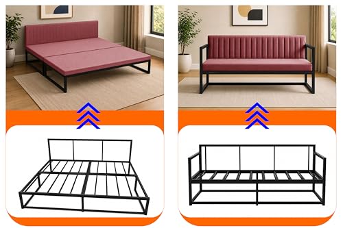 Image of Metal Sofa Cum Bed for Living Room | Modern Industrial Design Metal Frame 3 Seater Sofa Bed for Home, Office & Lounge-Rose Pink