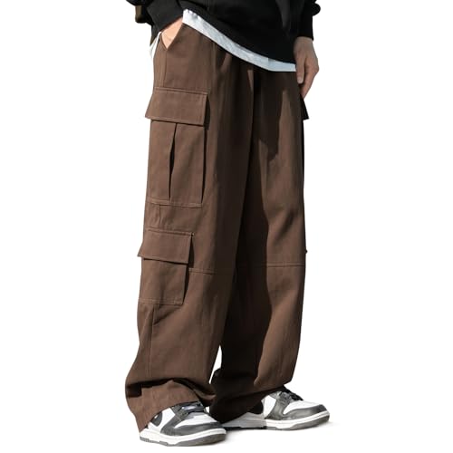 [Libetter] カーゴパンツ メンズ ワイドパンツ 秋服 冬服 ワイド ズボン 大きいサイズ ゆったり カジュアル ロングパンツ ゴムウェスト 調整紐 アウトドア ガウチョパンツ (L, ブラウン)