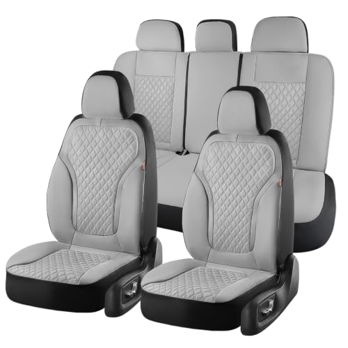 Image of Coverado Car Seat Covers Full Set, Gray Seat Covers, PU Leather Waterproof Car Seat Cover with Carbon Fiber Trim Design, Spill-Proof Seat Cushions, Automotive Seat Cover Universal Fit Most Cars