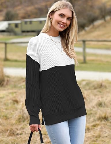 Image of Zeagoo Women 2026 Fall Lightweight Oversized Sweater Crew Neck Long Sleeve Color Block Pullover Rib Knit Blouse Tops XS-2XL