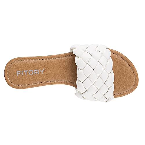 Fitory Womens Flat Sandals Fashion Round Open Toe Slip On Slides With Braided Strap Slippers For Summer Size 7 White #TOP3