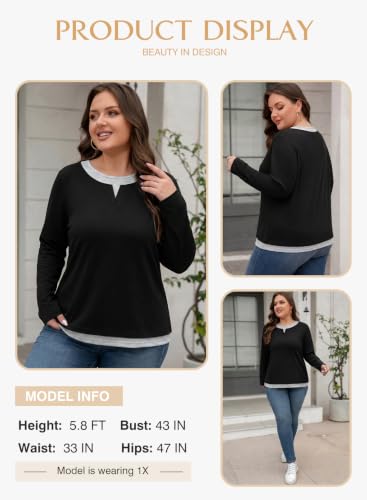 Image of Eytino Women Plus Size Fall Tops Patchwork Shirts(1X-5X) | Casual Crewneck Long Sleeve,Fashion Color Block Basic Tees,Loose Fit Blouse