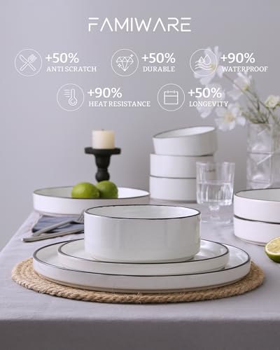Image of Famiware Nebula Plates and Bowls Set, 24 Pieces Dinnerware Sets, Dishes Set for 8, White with Black Rim