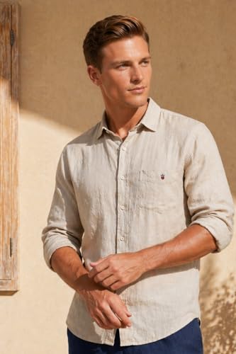 Image of Louis Philippe Men's Linen Blend Solid Shirt with Soft Handfeel & Naturally Antibacterial Finish - Holiday Wear