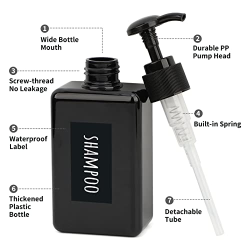 Image of Segbeauty 4pcs Square Lotion Dispenser, 6.8oz Empty Shampoo Pump Bottles Small with Labels, 200ml Refillable Portable Plastic Press Bathroom Shower Dispenser Liquid Soap Containers for Travel Black