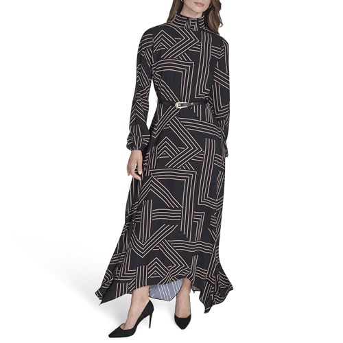H HALSTON Women's Long Bishop Sleeve Mock Neck Maxi Dress