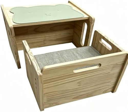 EXPERLAM Montessori Weaning Table and Chair Set, Solid Pine Kids Activity Table with 3-Height Adjustable Chair, Storage Drawer, Cushion and Silicone Mat image 2