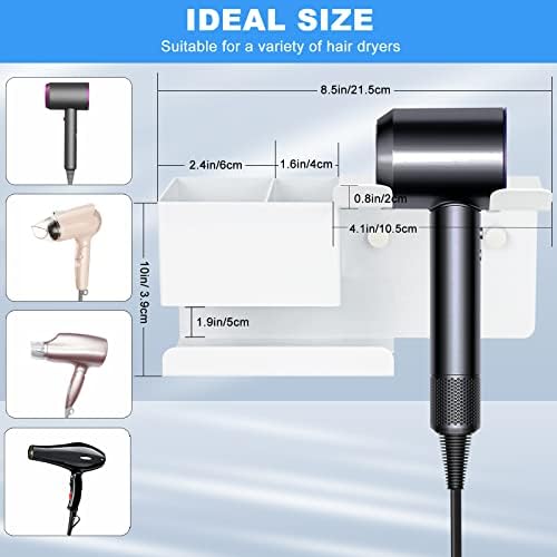 Hair Dryer Holder Wall Mounted, SHAIDOJIO Blow Dryer Holder for Bathroom, Aluminum Alloy Hair Dryer Rack, Muti-Function Hair Tool Organizer with Plug Hook (White) image 5