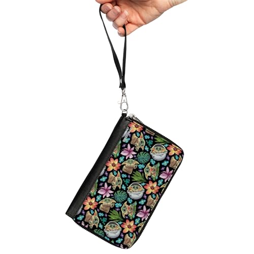 Buckle-Down Star Wars Wallet, Zip Around, Star Wars The Child Poses and Floral Collage Black Multi, Vegan Leather2