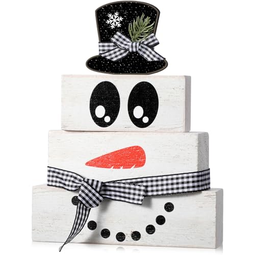 Image of Moucuny 4 Pcs Winter Table Decoration Wooden Snowman Decor Black and White Winter Tiered Tray Decor Rustic Snowman Face Wood Block Sign Gift Christmas Centerpiece Farmhouse for Wonderland Home