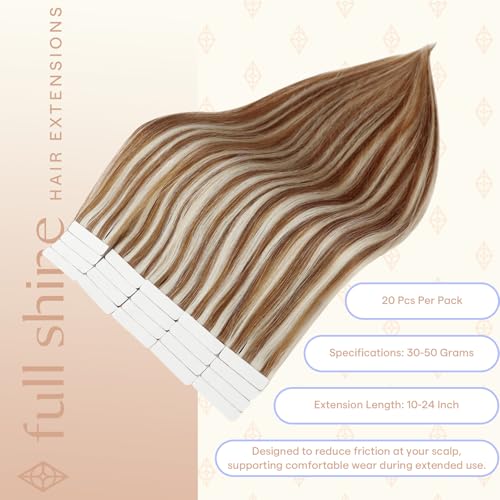 Image of Full Shine Human Hair Tape in Extensions, Ginger Blonde Mix 22 Inch | 50g 20PCS Invisible Double Sided Hair Extensions Tape in, Seamless Straight Bouncy Blowout Natural Styling Full Ends