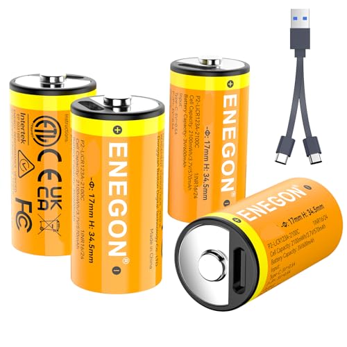 ENEGON 4er-Pack wiederaufladbare CR&123 Ersatzakkus integrierter Type-C-Ladeanschluss hohe Kapazität von 600mAh sichere Anwendung für Taschenlampen Kameras und tragbare Geräte