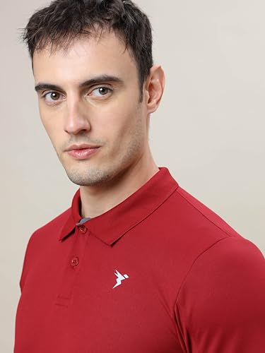 Image of TECHNOSPORT Men's Solid Slim Fit Polo Collar T-Shirt TECHNOCOOL+ Half Sleeve Button Polyester for Gym Running Workout UPF50+ Anti Odour