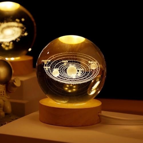 Luminária Led Bola de Cristal 3D - Luz de Mesa P/Quarto, Sala, Escritório - Decoração, Enfeite, Abajur, Ornamento, Leitura, Presente - Base Madeira - Leal Shop (Sistema Solar)
