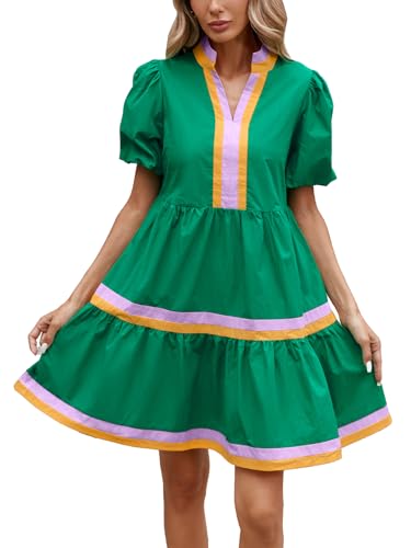 Image of LifeShe Womens Puff Sleeve Babydoll Dress V Neck Navy Blue Striped Color Block Tiered Mini Dresses