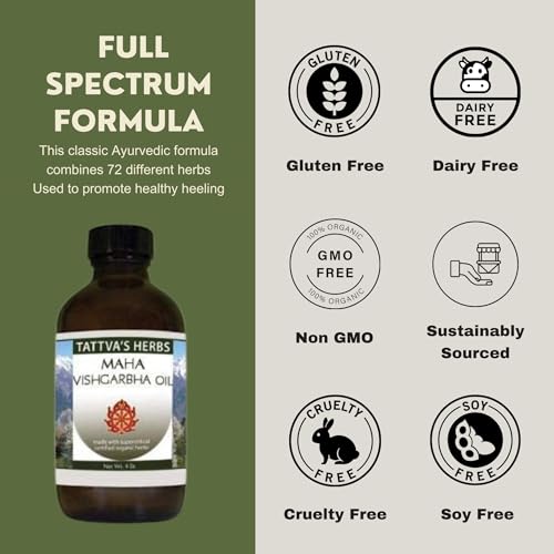 Maha Vishgarbha Oil - Organic Non GMO Traditional Ayurvedic Formula - 50 Plus Herbs - Nourishes, Strengthens, Tones Muscles And Joints 8 oz. From Tattva's Herbs