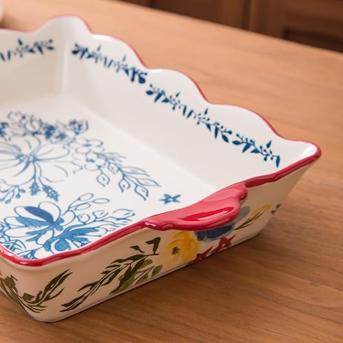 Casserole Dish Baking Dish Ceramic Baking Pan, 9x13 Baking Pan, Nonstick Baking Dishes for oven, Red flower pattern Lassagne Pan, Casserole Dishes with handles, for Kitchen
