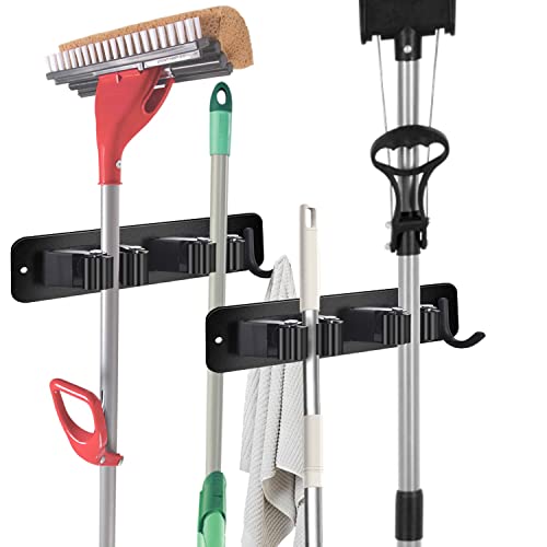 Kozci 2 Pack Broom Holder Wall Mount, Anti-Slip Mop Holder Broom Organizer Wall Mount Self Adhesive Stainless Steel Tool Storage Rack Broom Hanger For Kitchen Garden Garage (2 Racks 1 Hook) #TOP5
