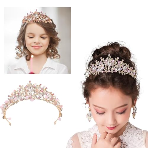 Ginddy Kristall Krone Tiara Rosa Diadem,Strass Mädchen Prinzessin Stirnband Süß Hochzeit Braut Haarband Festzug Haarschmuck für Halloween Karneval Weihnachten Frauen