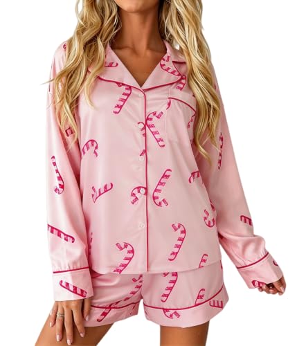 Luckinbaby Women Satin Christmas Pajamas Shorts Set Candycane 2 Piece Button Down Lounge Set Long Sleeve Shirt Shorts Sleepwear(Candy Pink,Small) - image 2