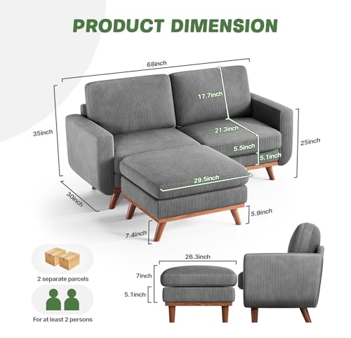 Image of Vesgantti 68 inch Loveseat Sofa with Movable Ottoman, Comfy Corduroy Couch with Spring Cushion, Sofa Couch with Solid Wood, Modern Office Sofa with Deep Seat for Living Room and Bedroom, Dark Gray
