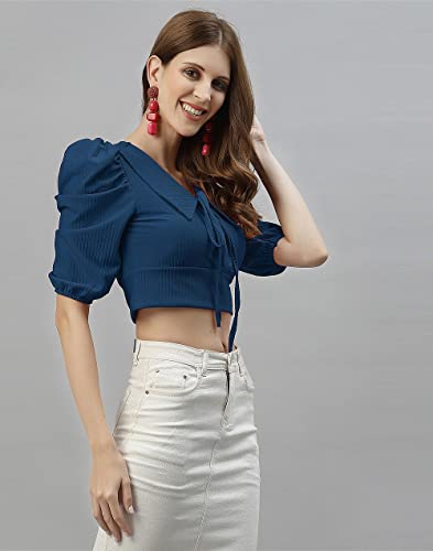 Image of Mehrang Women's Solid Ribbed Crop Tank Top Ribbed Tops for Women V-Neck 3 /4th Balloon Sleeves