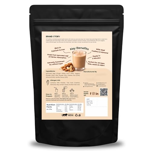 Image of GudVow Instant Sprouted Ragi Malt | Nutritious & Delicious Instant Drink Mix | Natural, No Preservatives | High Calcium & Iron | Ready in 2 Minutes, No Added Sugar | Healthy Millet Drink | 900 g (450 g x 2 Packs)