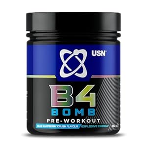 USN Pre Workout B4 Bomb Blue Raspberry 180g: Explosive Pre Workout Energy Drink Powder with Caffeine , Beta-alanine, l-Citrulline (12 servings)
