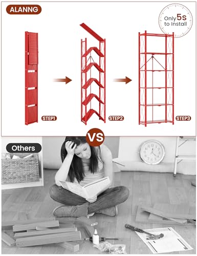 Image of ALANNG 73.6 Inch Folding Bookshelf, 6 Tier Metal Bookcase and Bookshelves | Tall Shelves for Living Room Office Bedroom, Heavy Duty Book Shelve Free Standing Open (Red, 3PACK)