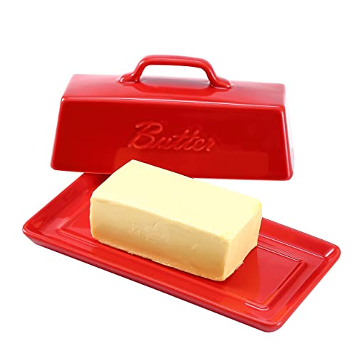 Bruntmor Ceramic Butter Dish With Lid. Butter Holder/Tray/Storage With Lid And Handle. Porcelain Butter Keeper For Countertop. Christmas Butter Dish With Cover In Red Color. #TOP4