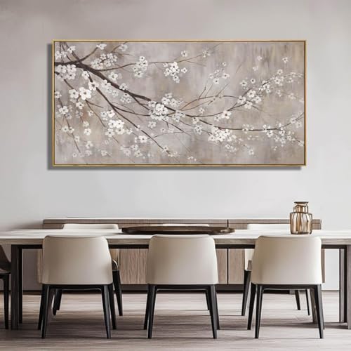 Peinture sur toile avec fleurs blanches décoration murale de prunier design moderne 75x150 cm