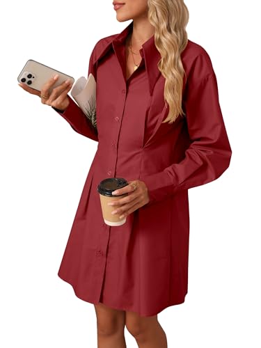 OUKODS Womens Button Down Shirt Dresses Cotton Button Up Tunics Long Sleeve Solid High Low Blouse Waist Up Dress, Burgundy, Medium
