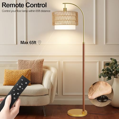 Image of ZECOXOL Boho Floor Lamps for Living Room Wood Floor Lamp with Remote Control,Dimmable Rattan Floor Lamps Farmhouse Gold Standing Lamp with 3 Color Temperature Tall Arc Floor Lamp for Bedroom Corner
