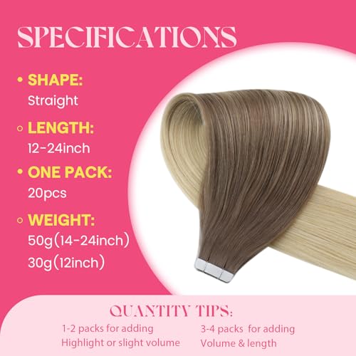 Image of Ve Sunny Hair Tape in Hair Extensions Human Hair | Light Brown Root to Platinum Blonde Balayage,Smooth Soft,for Daily Wear,12Inch 30g 20Pcs