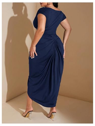 Image of Floerns Women's Plus Size Asymmetrical Neck Long Dress Ruched Slit Hem Cocktail Dress