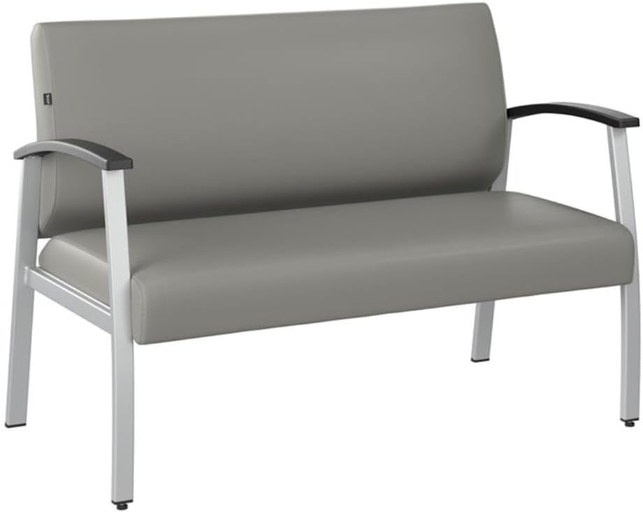Pemberly Row Waiting Room Loveseat with Arms, Light Gray Vinyl Upholstery, Sturdy Metal Legs, 41.9W x 19.7D Cushioned Seat, Durable Reception Sofa for Office, School, Hospital, Salon