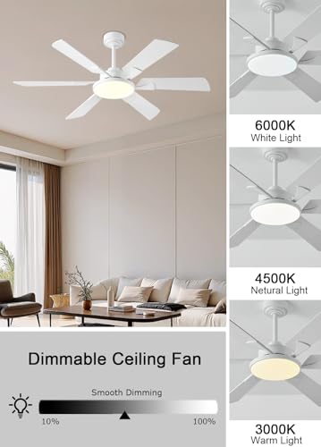 Image of JSAITEE 52 Inch Low Profile Ceiling Fan with Lights, Remote & APP Control, 3CCT Dimmable, 6 Blades 6 Speed Ceiling Fans, Quiet Reversible DC Motor, Modern White Ceiling Fan for Bedroom Living Room